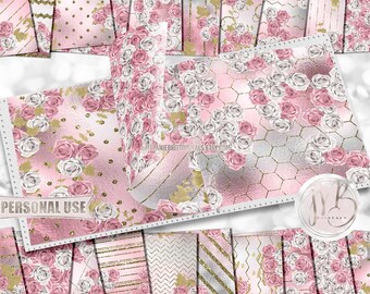 Pink and White Roses Scrapbook Paper Download • Gold Glitter and Shimmering Foil Design • Printable Paper Crafts 20 12x12 JPG & PDF