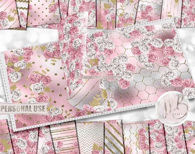 Pink and White Roses Scrapbook Paper Download • Gold Glitter and Shimmering Foil Design • Printable Paper Crafts 20 12x12 JPG & PDF
