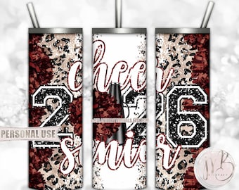 Maroon Cheer Senior 2026 20oz Skinny Sublimation Tumbler Wrap Design • Pom Pom Megaphone Classic Leopard Print • DIY Print and Press