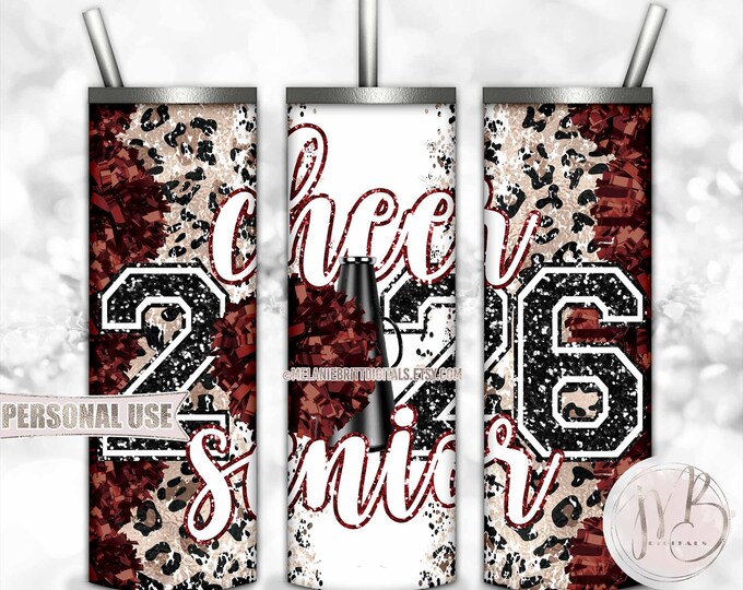 Maroon Cheer Senior 2026 20oz Skinny Sublimation Tumbler Wrap Design • Pom Pom Megaphone Classic Leopard Print • DIY Print and Press
