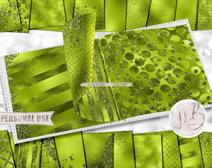 Lime Green Glam Scrapbook Paper Download • Sparkling Glitter and Shimmering Foil Design • Printable Paper Crafts 20 12x12 JPG & PDF