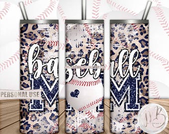 Navy Blue Baseball Mom 20oz Skinny Tumbler Wrap Sublimation Download • Distressed Baseball and Leopard Sports Mom Gift • DIY Print and Press