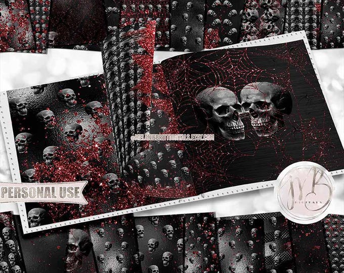 Black and Red Glam Gothic Skulls Scrapbook Paper Download • Sparkling Glitter and Shimmering Foil • Scrapbooking Printable