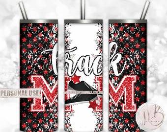 Red Track Mom 20oz Skinny Tumbler Wrap Sublimation Design Download • Track Shoes Stars Glitter Letters Track Mom Gift • DIY Print & Press