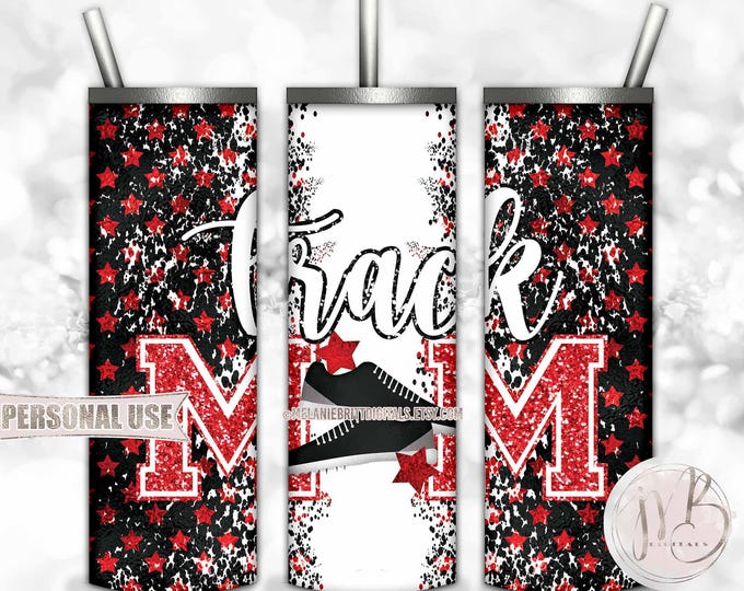Red Track Mom 20oz Skinny Tumbler Wrap Sublimation Download • Track Shoes Stars Glitter Letters Track Mom Gift • DIY Print & Press