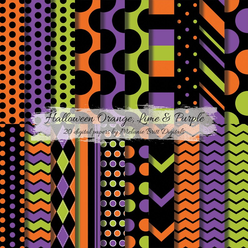 Halloween Digital Pattern Paper Pack Orange Lime Purple Etsy