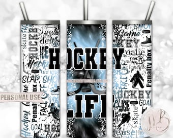 Hockey Life 20oz Skinny Tumbler Wrap Sublimation Download • Light Blue and Black Tie Dye Typography Hockey Gift • DIY Print and Press