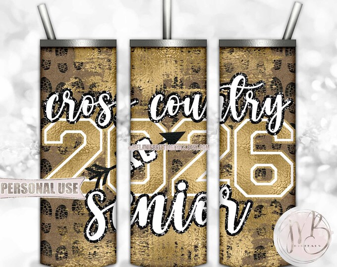 Old Gold Cross Country XC Senior 2026 20oz Skinny Tumbler Wrap Sublimation Download • Terrain Endurance Runner Grad Gift • DIY Print & Press