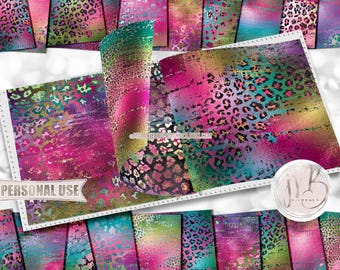 Rainbow Leopard Print Scrapbook Paper Download • Colorful Distressed Shimmering Foil Design • DIY Printable Paper Crafts 20 12x12 JPG & PDF