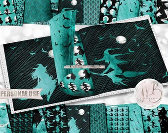 Turquoise Happy Halloween Witches Scrapbook Paper Download • Good Witch Wicked Witch Grunge Design • Printable Paper Crafts 20 12x12 JPG PDF