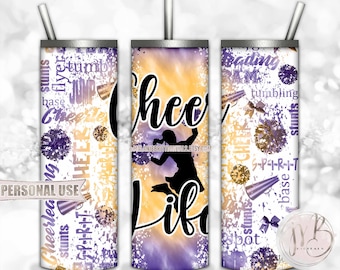 Cheer Life 20oz Skinny Tumbler Wrap Sublimation Download • Purple and Athletic Gold Tie Dye • DIY Print and Press