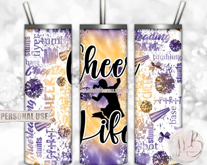 Cheer Life 20oz Skinny Tumbler Wrap Sublimation Download • Purple and Athletic Gold Tie Dye • DIY Print and Press