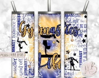 Glitter Gymnastics Life 20oz Skinny Tumbler Wrap Sublimation Design • Blue and Athletic Gold Tie Dye Gymnast Medals • DIY Print and Press
