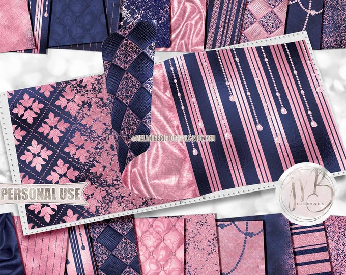 Pink and Navy Classy Scrapbook Paper Download • Sophisticated Design Diamonds Glitter and Foil • Printable Paper Crafts 20 12x12 JPG & PDF