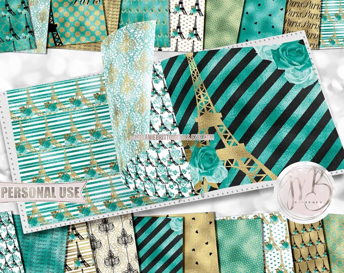 Teal and Gold Paris Scrapbook Paper Download • Eiffel Tower Romantic Honeymoon Shimmering Foil • Scrapbooking Printable