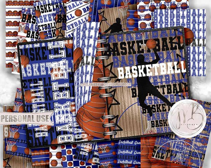 Boy Basketball Scrapbook Paper Download • Blue School Colors Realistic Basketball Court Hoops • Scrapbooking Printable