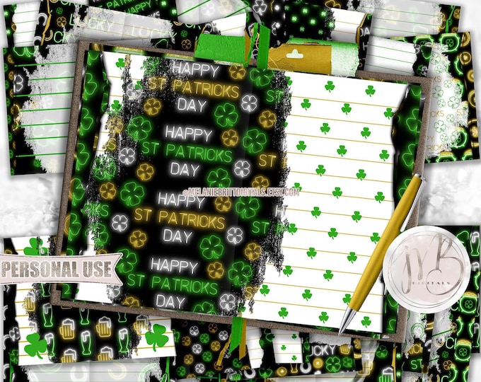Neon St Patrick's Day Junk Journal Pages Download • Glowing Neon Shamrocks and Clovers • Journaling Printable