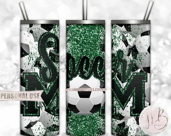 Green Glitter Soccer Mom 20oz Skinny Tumbler Wrap Sublimation Download • Soccer Ball Collage Sports Mom Gift • DIY Print and Press