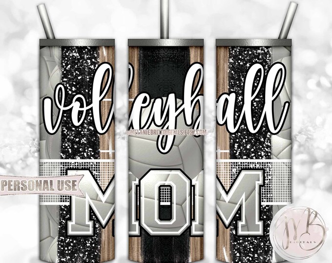 Black Volleyball Mom 20oz Skinny Tumbler Wrap Sublimation Design • Volleyball Net Court Glitter Sport Brush Strokes • DIY Print & Press