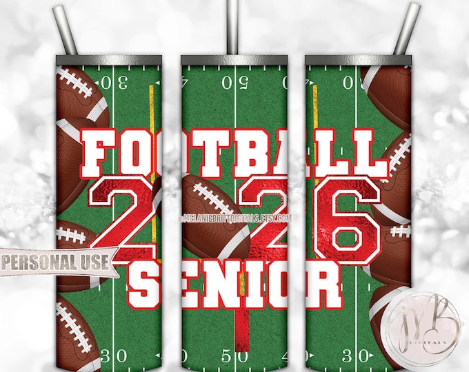 Red Football Senior 2026 20oz Skinny Tumbler Wrap Sublimation Design Download • Football Field Senior Grad Gift • DIY Print and Press