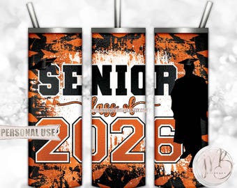 Orange Boy Graduation Senior 2026 20oz Skinny Tumbler Wrap Sublimation Download • Graduation Cap Senior Graduate Gift • DIY Print and Press