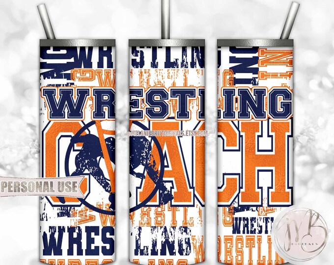 Navy and Orange Boy Wrestling Coach 20oz Skinny Tumbler Wrap Sublimation Download • Wrestling Typography Coach Gift • DIY Print and Press