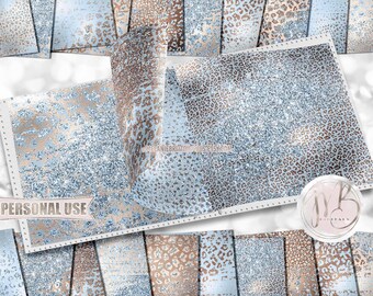 Pastel Baby Blue Nursery Distressed Leopard Print Scrapbook Paper Download • Glitter and Foil • Printable Paper Crafts 20 12x12 JPG & PDF