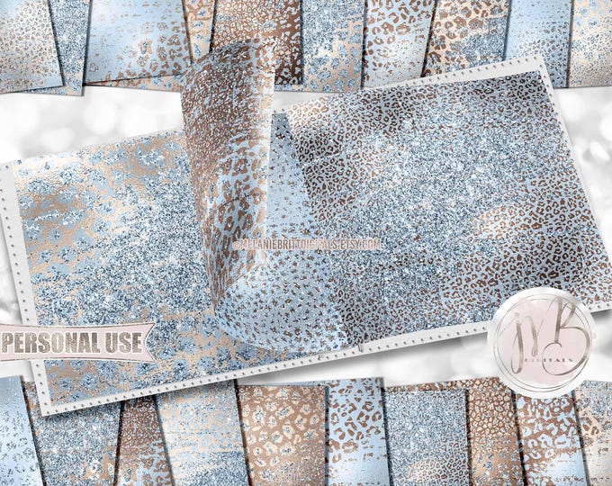 Pastel Baby Blue Nursery Distressed Leopard Print Scrapbook Paper Download • Glitter and Foil • Printable Paper Crafts 20 12x12 JPG & PDF