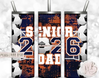 Soccer Dad Senior 2026 20oz Skinny Tumbler Wrap Sublimation Design Download • Navy and Orange Paw Prints Dad Gift • DIY Print & Press