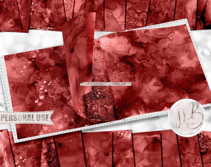 Alcohol Ink Scrapbook Paper Download • Painted Abstract Fluid Art Inked Design Brick Red Tones • Printable Paper Crafts 20 12x12 JPG & PDF