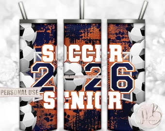 Soccer Senior 2026 20oz Skinny Tumbler Wrap Sublimation Design Download • Navy and Orange Paw Prints Senior Grad Gift • DIY Print & Press