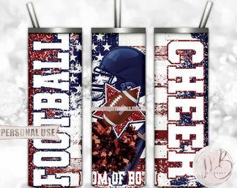 Patriotic Mom of Both Football and Cheer 20oz Skinny Tumbler Sublimation Design • Helmet Pom Star Distressed USA Flag • DIY Print & Press