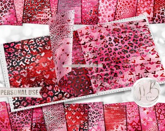 Valentines Day Distressed Leopard and Hearts Scrapbook Paper Download • Shimmering Foil Design • Printable Paper Crafts 20 12x12 JPG & PDF