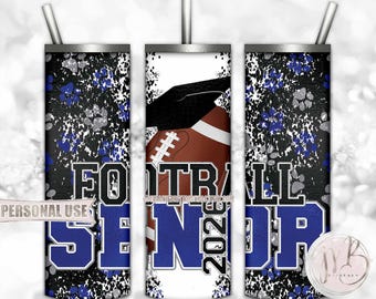 Football Senior 2026 20oz Skinny Tumbler Wrap Sublimation Design • Blue and Silver Paw Prints Football Graduation Gift • DIY Print and Press