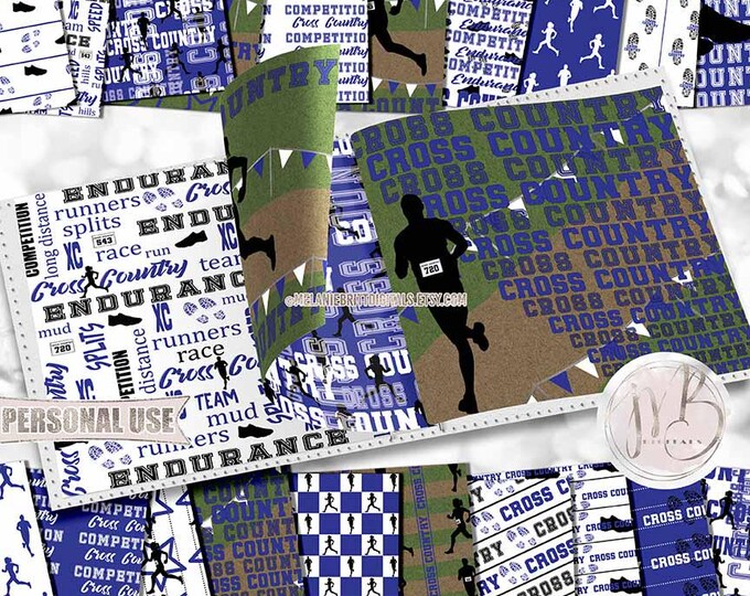 Blue Cross Country Scrapbook Paper Download • Boy and Girl XC All Terrain Endurance Running • Scrapbooking Printable