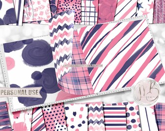 Navy Blue and Pink Watercolor Scrapbook Paper Download • Hand Painted Patterned Watercolor Design • Printable Paper Crafts 20 12x12 JPG PDF