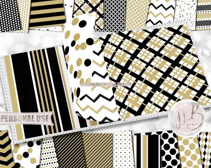 Black and Gold Classic Scrapbook Paper Download • Patterned Geometric Design • Printable Paper Crafts 20 12x12 JPG & PDF
