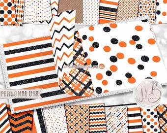 Orange and Black Classic Scrapbook Paper Download • Patterned Geometric Design with Black Glitter • Printable Paper Crafts 20 12x12 JPG PDF