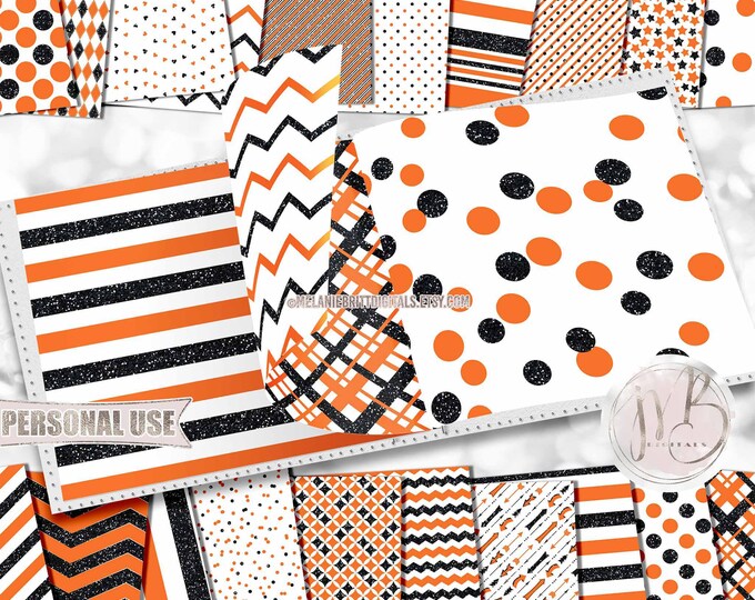 Orange and Black Classic Scrapbook Paper Download • Patterned Geometric Design with Black Glitter • Printable Paper Crafts 20 12x12 JPG PDF