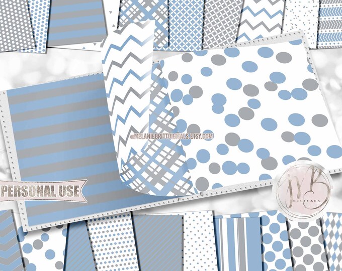 Light Blue and Gray Classic Scrapbook Paper Download • Patterned Geometric Design • DIY Printable Scrapbook Papers 20 12x12 JPG & PDF