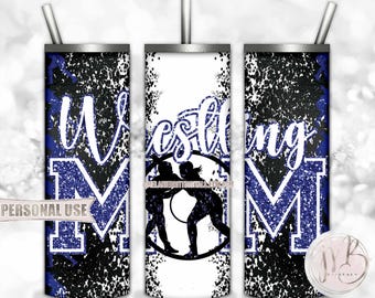Blue Girl Wrestling Mom 20oz Skinny Tumbler Wrap Sublimation Design • Glitter Varsity Letters Girl Wrestlers Mom Gift • DIY Print and Press
