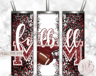 Maroon Football Mom 20oz Skinny Tumbler Wrap Sublimation Design • Football Helmet Leopard Print Sports Mom Gift • DIY Print and Press