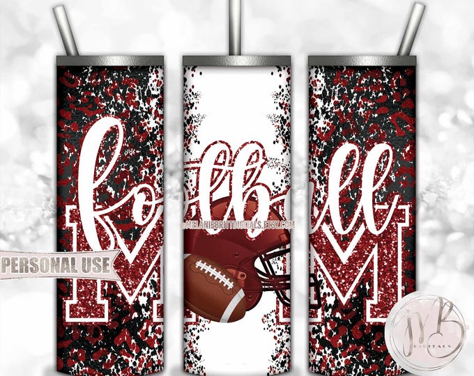 Maroon Football Mom 20oz Skinny Tumbler Wrap Sublimation Design • Football Helmet Leopard Print Sports Mom Gift • DIY Print and Press