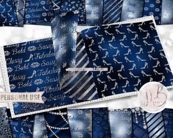 Prussian Blue Sassy Scrapbook Paper Download • Diamond Bling Lips Heels Girly Glitter Foil • DIY Printable Paper Crafts 20 12x12 JPG & PDF