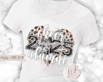 Silver Cheer Alumni 2025 Heart T-Shirt Sublimation Design • Pom Pom Megaphone Classic Leopard Glitter Graduate Gift • DIY Print and Press