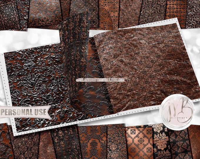 Bronze Black Embossed Damask Scrapbook Paper Download • Ornamental Damask Shimmering Foil • DIY Printable Paper Crafts 20 12x12 JPG & PDF