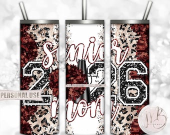 Maroon Cheer Senior 2026 Mom 20oz Skinny Sublimation Tumbler Wrap Design • Pom Pom Megaphone Classic Leopard Print • DIY Print and Press
