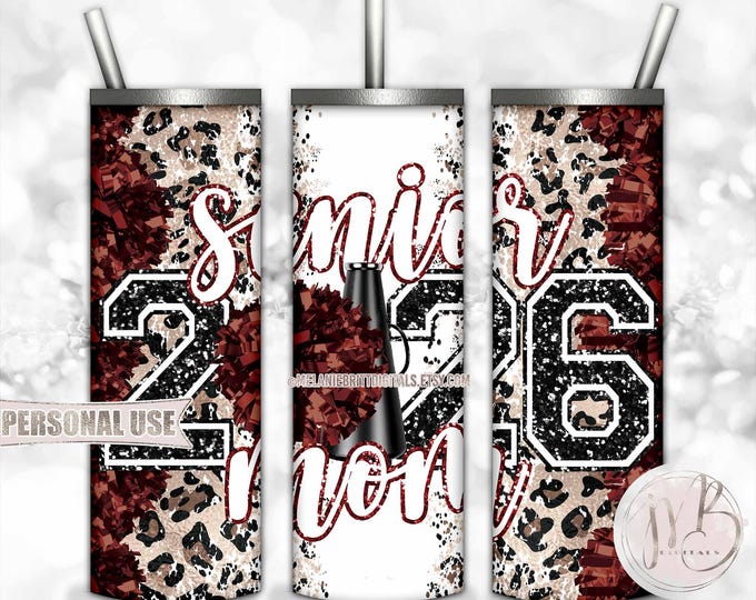 Maroon Cheer Senior 2026 Mom 20oz Skinny Sublimation Tumbler Wrap Design • Pom Pom Megaphone Classic Leopard Print • DIY Print and Press