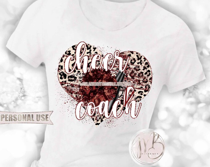 Maroon Cheer Coach Heart T-Shirt Sublimation Design Download • Pom Megaphone Lanyard Classic Leopard Gift for Coach • DIY Print and Press