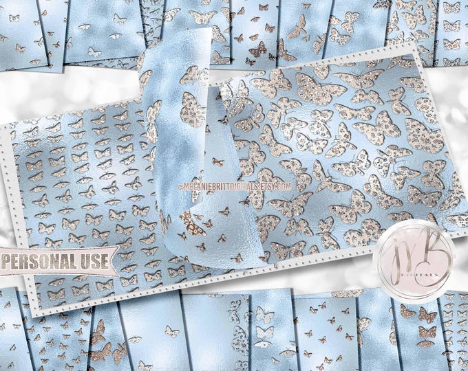Cute Leopard Butterflies Scrapbook Paper Download • Pastel Blue Shimmering Foil Embossed Design • Printable Paper Crafts 20 12x12 JPG & PDF